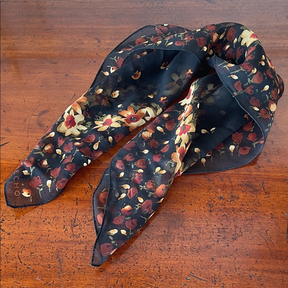 Silk Scarf - black with rust and gold floral - Picture 2 of 3